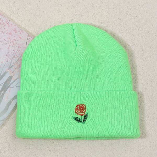 

Flower Embroidered Beanie, Green