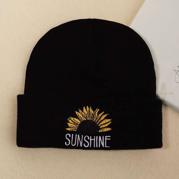 

Letter & Flower Embroidered Knitted Hat, Black