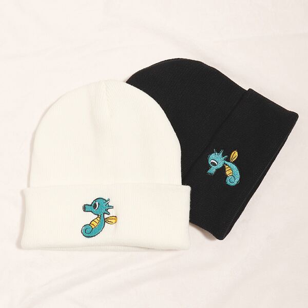 

2pcs Hippocampus Embroidered Knitted Hat, Black and white