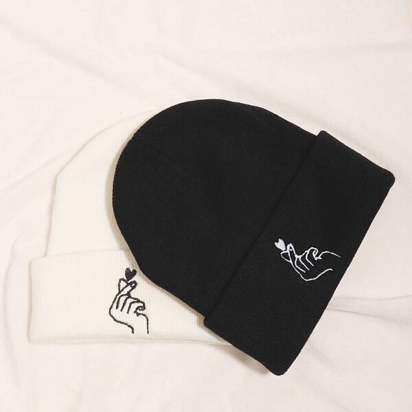 

2pcs Gesture Embroidered Knitted Hat, Black and white