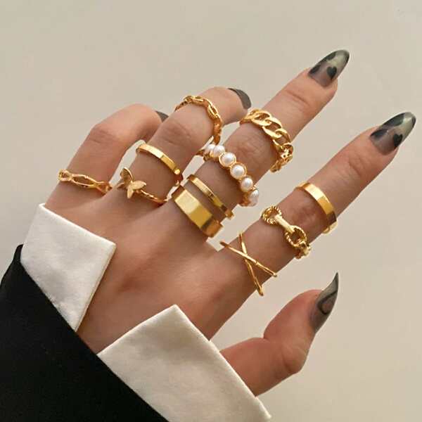 

10шт Кольцо с искусственным жемчугом, Золотистый