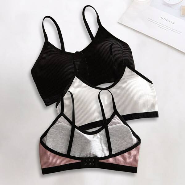 

Girls 3pcs Contrast Binding Rib-Knit Bralette, Multicolor