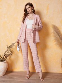 Mulvari Notched Collar Roll Tab Sleeve Grid Blazer And Shorts Set - Dusty Pink - View 1
