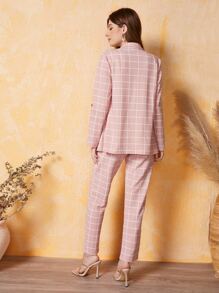 Mulvari Notched Collar Roll Tab Sleeve Grid Blazer And Shorts Set - Dusty Pink - View 2
