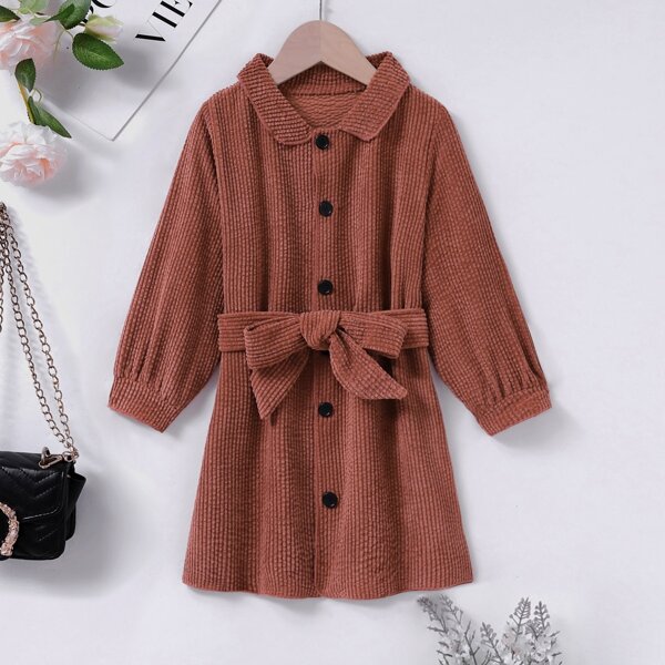 

Toddler Girls Belted Button Through Coat, Rust brown