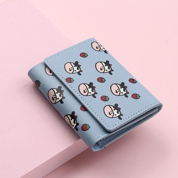 

Strawberry & Cow Pattern Small Wallet, Baby blue