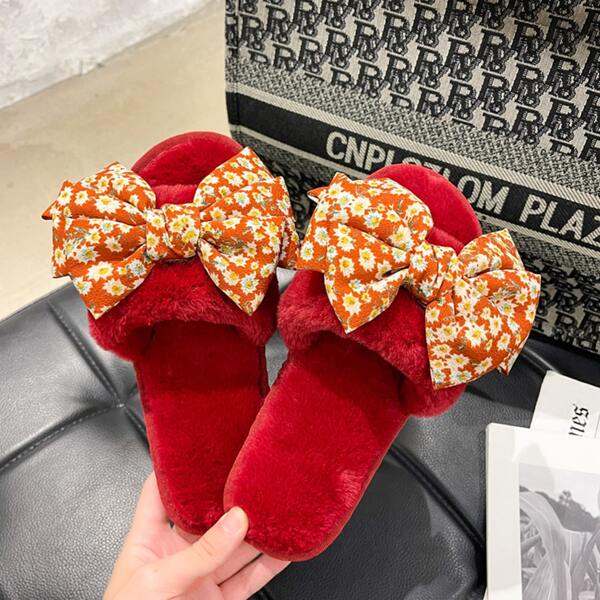 

Bow Decor Fluffy Slippers, Red