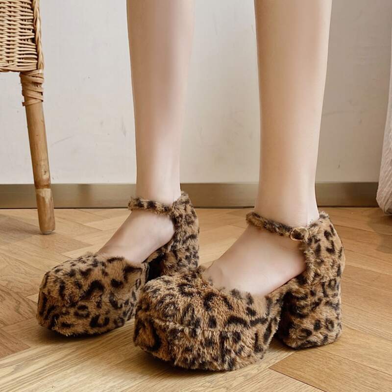 

Leopard Fluffy Chunky Heeled Mary Janes, Brown