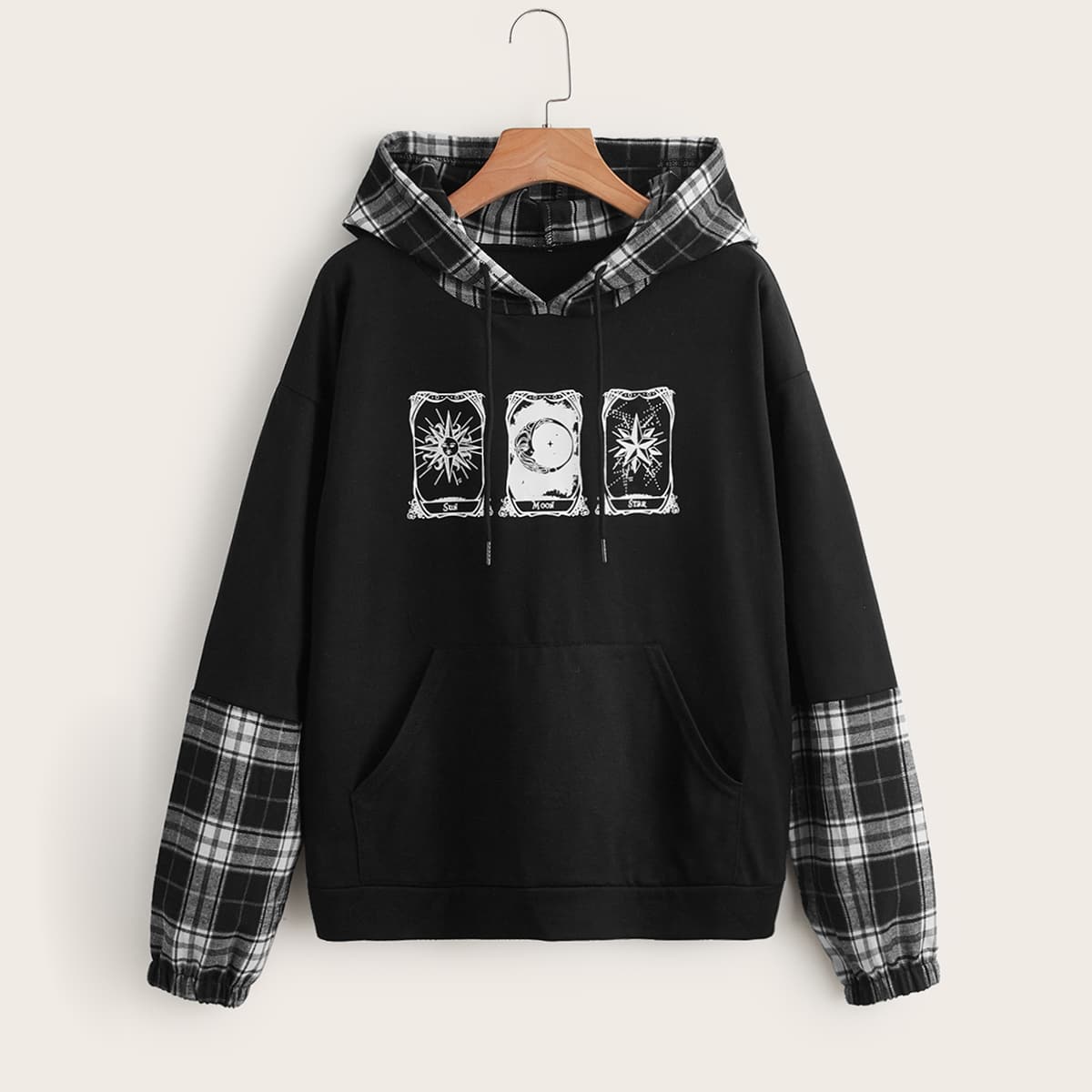 

Letter Sun & Moon Graphic Contrast Plaid Drawstring Hoodie, Black
