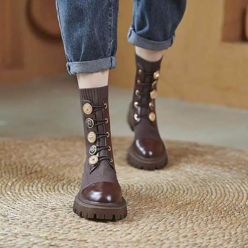 

Lace Up Decor Sock Boots, Brown