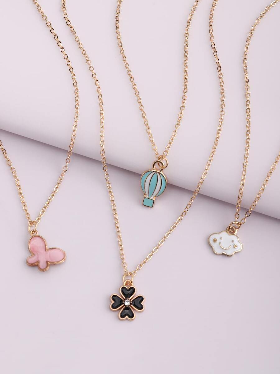 女孩4入組雲朵和熱氣球吊墜項鏈 - 彩色 - 查看 1