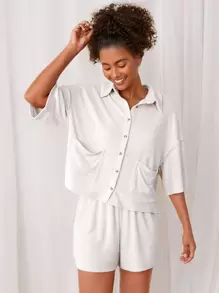 SHEIN EZwear Top con parche de bolsillo de hombros caídos con botón delantero - Gris Claro - Ver 4