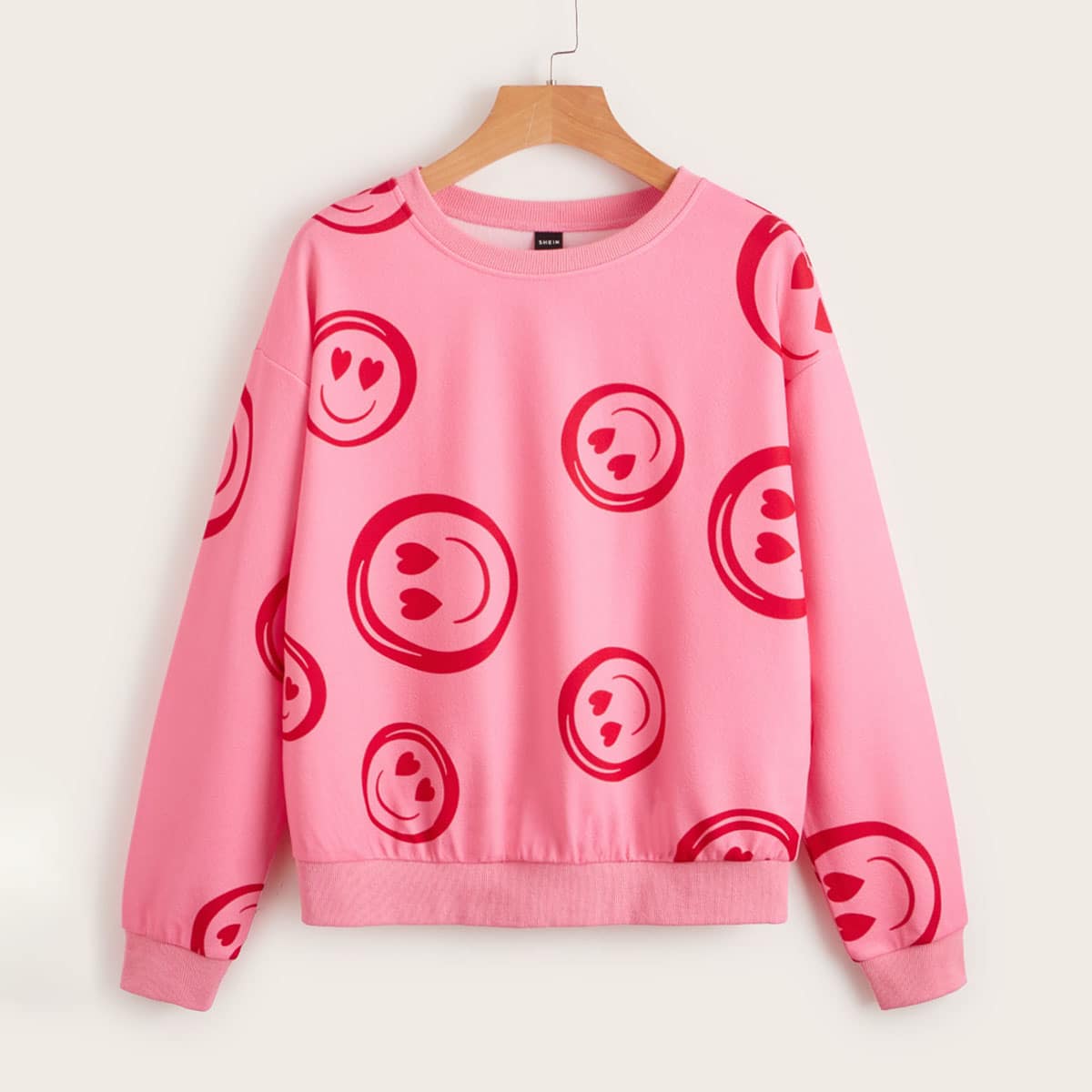 

Cartoon Face Print Drop Shoulder Sweatshirt, Pink