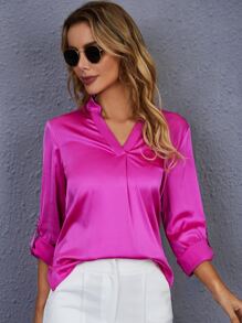 SHEIN Notch Neck Roll Tab Sleeve Satin Top - Hot Pink - View 1