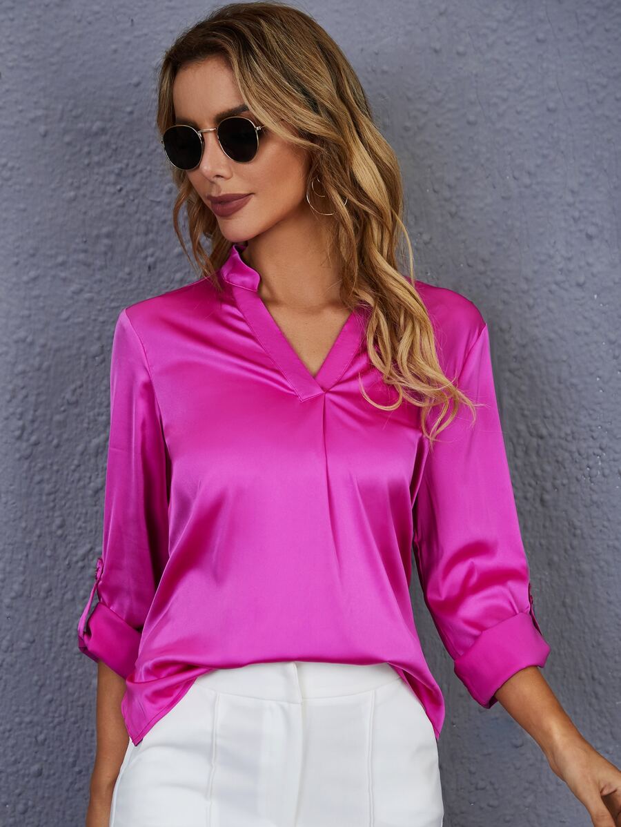 SHEIN Notch Neck Roll Tab Sleeve Satin Top - Hot Pink - View 1