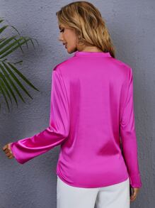 SHEIN Notch Neck Roll Tab Sleeve Satin Top - Hot Pink - View 2