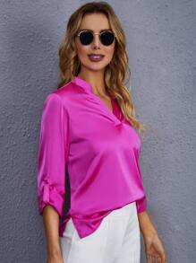 SHEIN Notch Neck Roll Tab Sleeve Satin Top - Hot Pink - View 3
