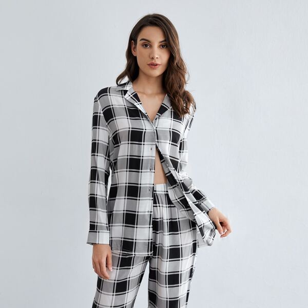

Plaid Print Pajama Set, Black and white