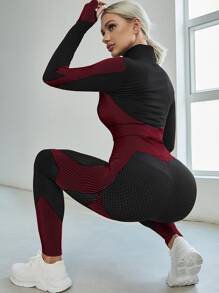 Easithlete 2 chiếc Bộ quần áo chạy bộ Colorblock co giãn cao liền mạch Bộ đồ tập thể dục Quần legging họa tiết có khóa kéo - Nhiều màu - Xem 1