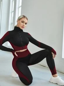 Easithlete 2 chiếc Bộ quần áo chạy bộ Colorblock co giãn cao liền mạch Bộ đồ tập thể dục Quần legging họa tiết có khóa kéo - Nhiều màu - Xem 2