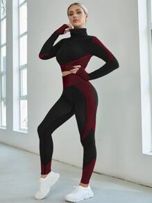 Easithlete 2 chiếc Bộ quần áo chạy bộ Colorblock co giãn cao liền mạch Bộ đồ tập thể dục Quần legging họa tiết có khóa kéo - Nhiều màu - Xem 5