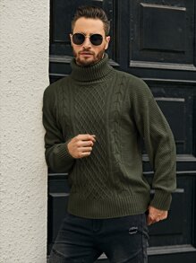 Manfinity Homme Men Turtleneck Cable Knit Jumper - Army Green - View 1
