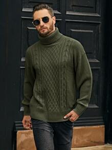 Manfinity Homme Men Turtleneck Cable Knit Jumper - Army Green - View 3