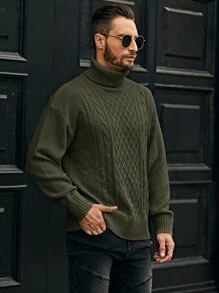 Manfinity Homme Men Turtleneck Cable Knit Jumper - Army Green - View 4