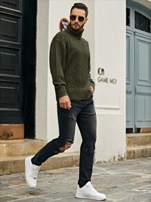 Manfinity Homme Men Turtleneck Cable Knit Jumper - Army Green - View 5