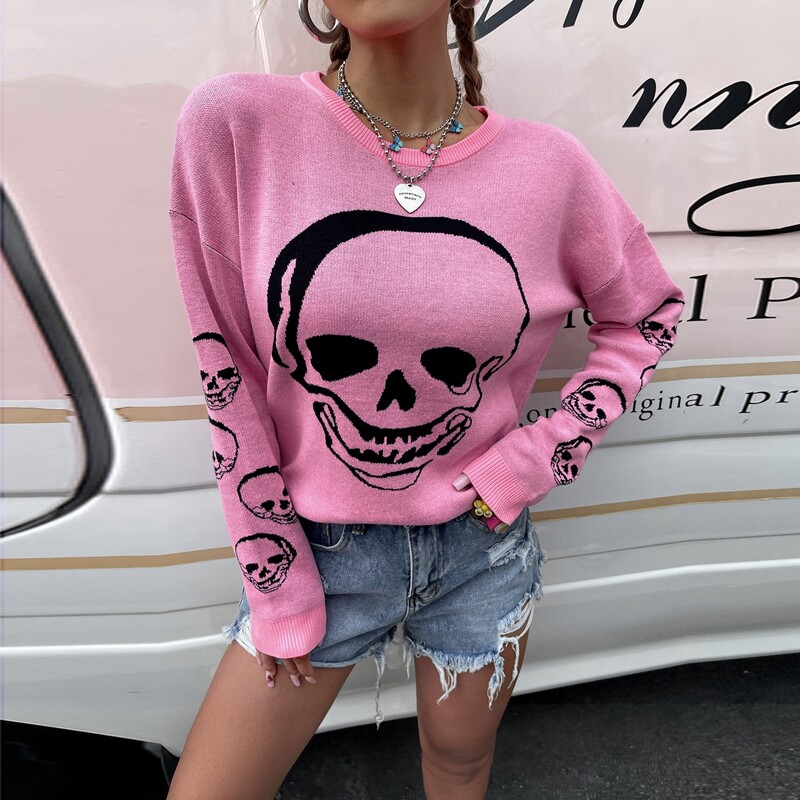 

Skull Pattern Drop Shoulder Sweater, Pink