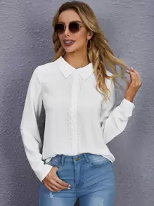 SHEIN Clasi Guipure Lace Trim Blouse - White - View 1