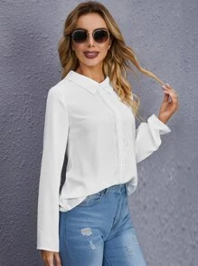 SHEIN Clasi Guipure Lace Trim Blouse - White - View 3