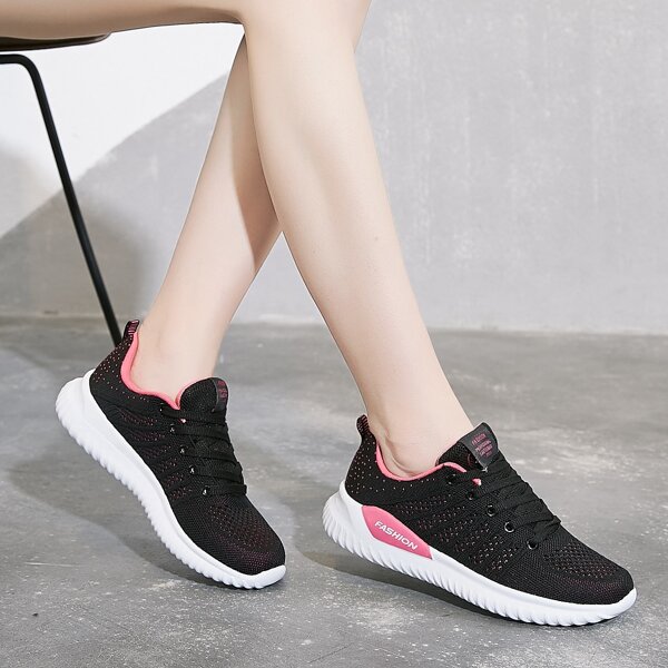

Patch Decor Knit Lace-up Running Shoes, Black