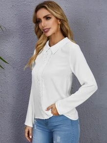 SHEIN Clasi Guipure Lace Trim Blouse - White - View 4