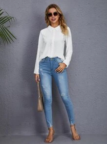 SHEIN Clasi Guipure Lace Trim Blouse - White - View 5