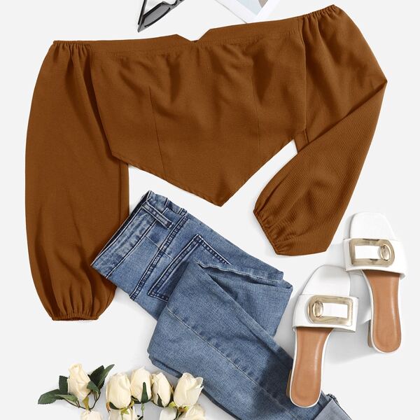 

Off Shoulder Ruched Back Bandana Crop Top, Coffee brown