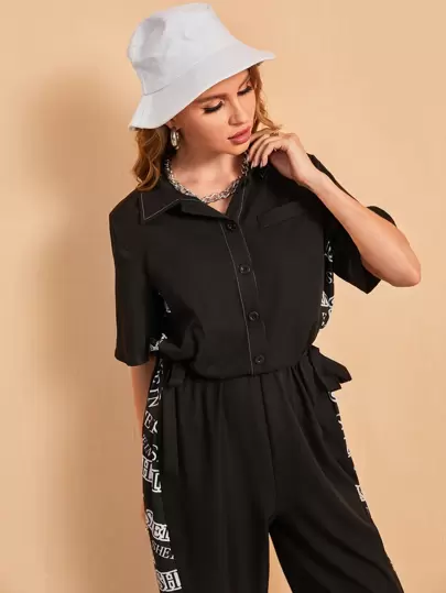 Mulvari Letter Print Drawstring Waist Button Front Jumpsuit