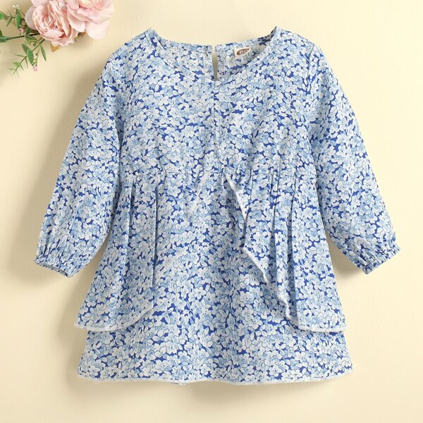 

Baby Ditsy Floral Print Ruffle Trim Dress, Blue and white