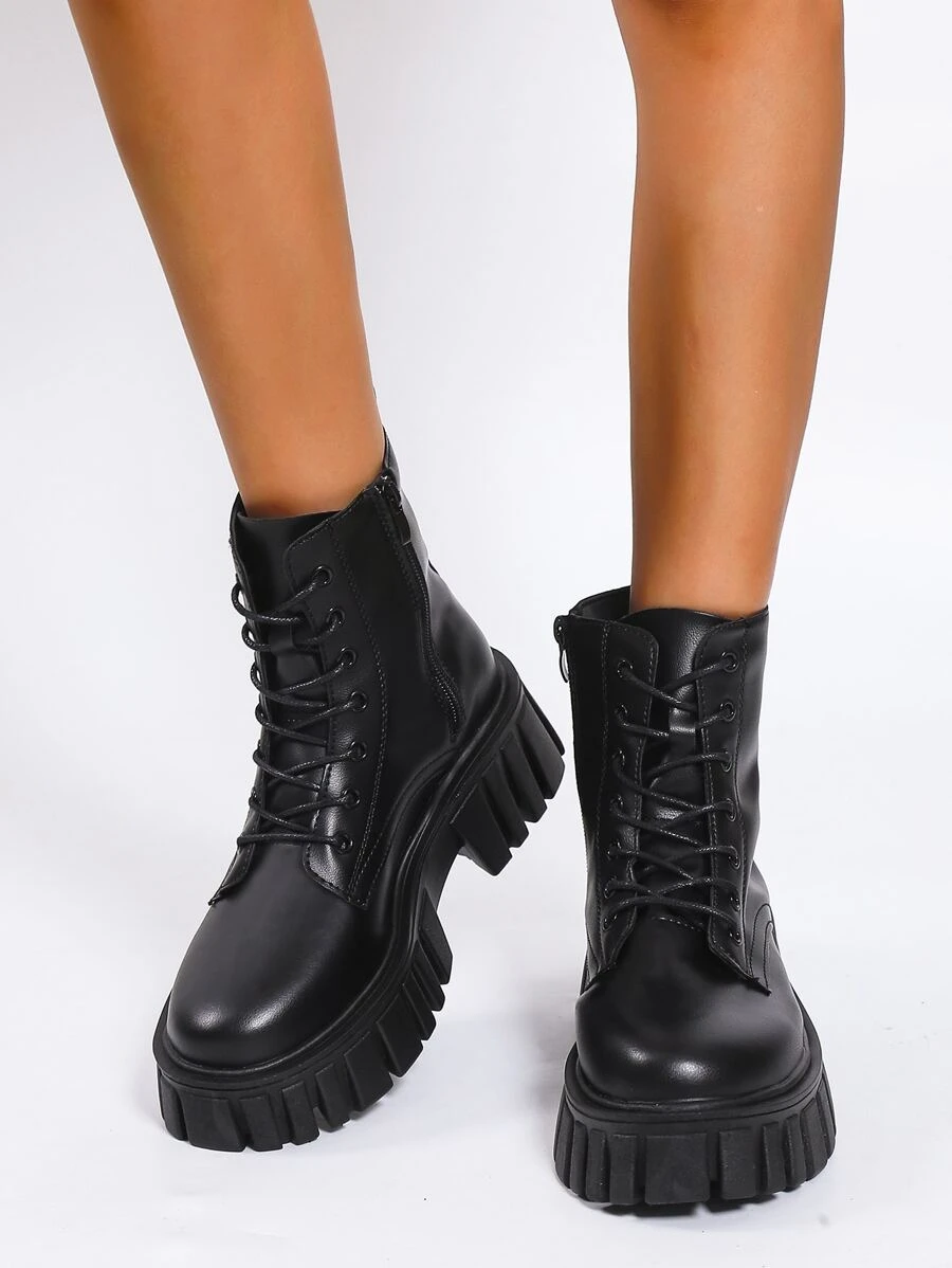 Minimalist Lace-up Front Side Zipper Combat Boots - Black - View 1