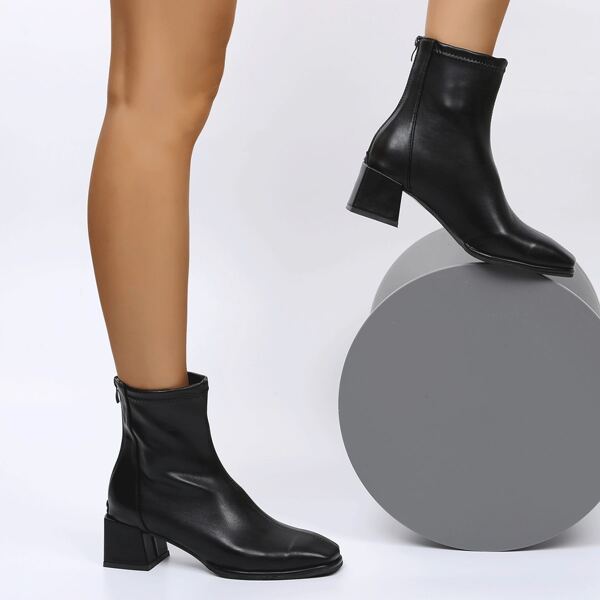 

Minimalist Back Zipper Chunky Heeled Classic Boots, Black