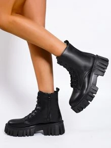 Minimalist Lace-up Front Side Zipper Combat Boots - Black - View 3