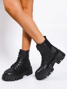 Minimalist Lace-up Front Side Zipper Combat Boots - Black - View 4