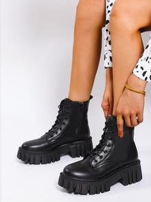 Minimalist Lace-up Front Side Zipper Combat Boots - Black - View 5