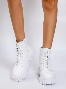 Women's Fashionable White Boots: Simple & Lace-up Design + Front Zipper Closure Boots - White - View 1