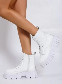 Women's Fashionable White Boots: Simple & Lace-up Design + Front Zipper Closure Boots - White - View 2