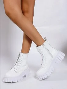 Women's Fashionable White Boots: Simple & Lace-up Design + Front Zipper Closure Boots - White - View 3