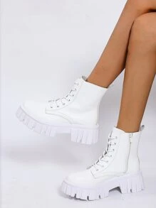 Women's Fashionable White Boots: Simple & Lace-up Design + Front Zipper Closure Boots - White - View 4