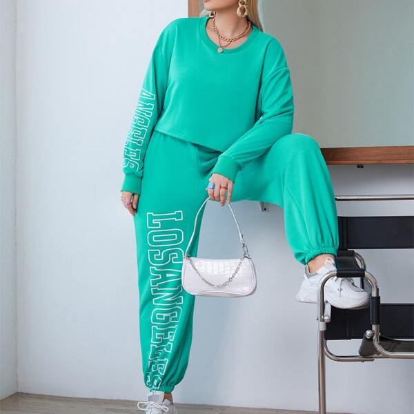 

Plus Letter Graphic Drop Shoulder Pullover & Sweatpants, Green