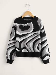 Niñas Jersey con patrón de corazón de manga farol - Multicolor - Ver 1