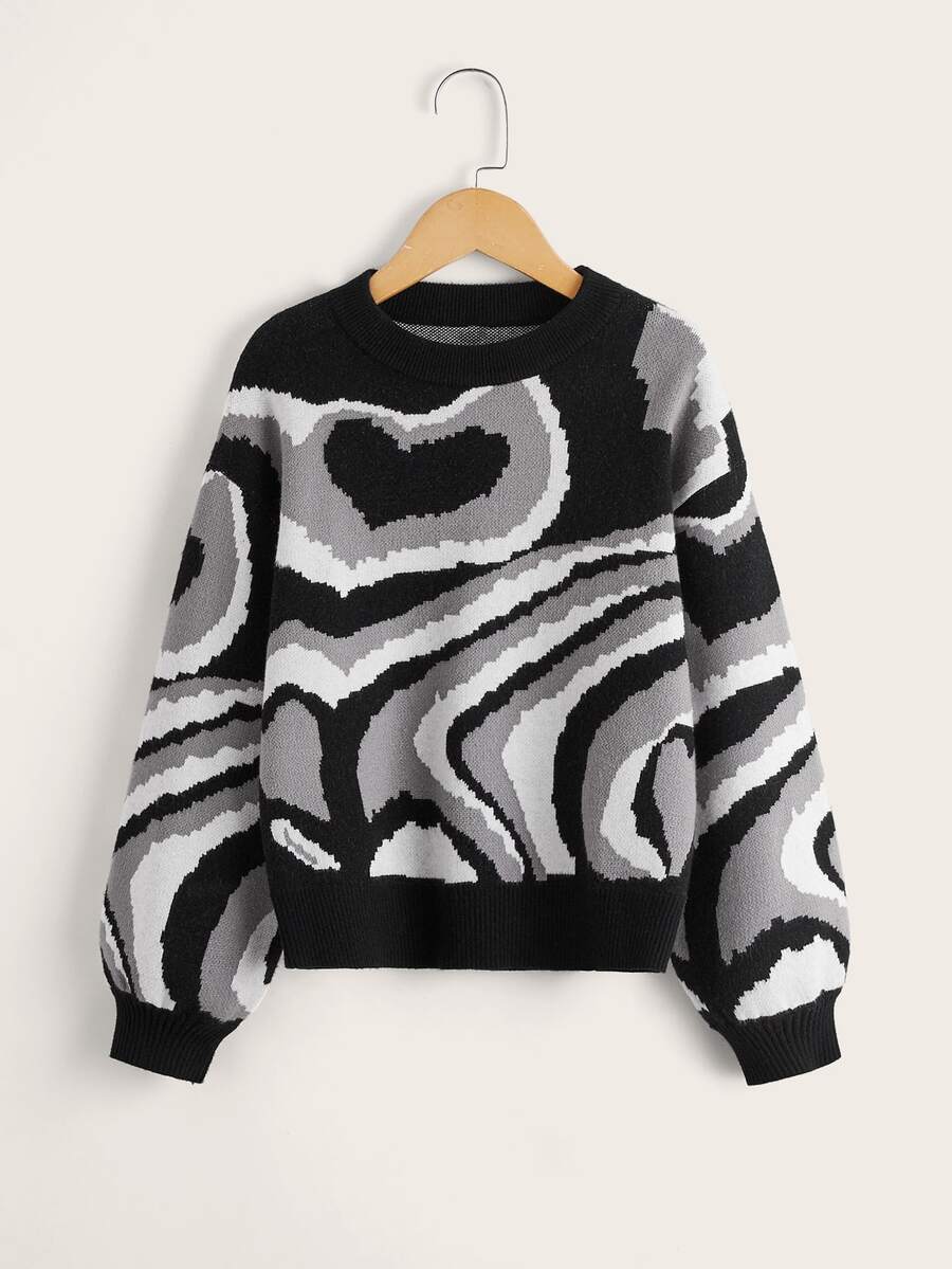 Niñas Jersey con patrón de corazón de manga farol - Multicolor - Ver 1